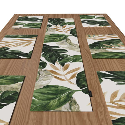 Canvas Richy Leaf Placemats, Set of 6 Durable Table Mats in Green, White & Gold, each 45x30 cm, Washable and Heat-Resistant for Protecting your Dining Table with a Botanical Style
