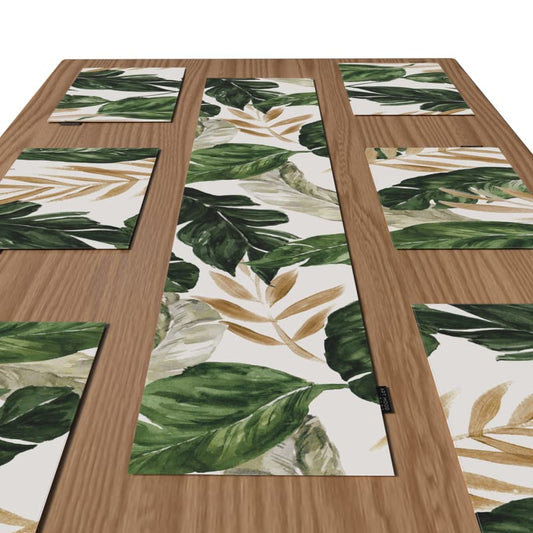 Canvas Richy Leaf Placemats, Set of 6 Durable Table Mats in Green, White & Gold, each 45x30 cm, Washable and Heat-Resistant for Protecting your Dining Table with a Botanical Style