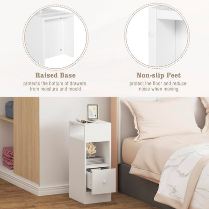 White Bedside Table, H 25 x W30 x W66 cm, TalLNightstand with 1 Drawer and 2 Open Compartments, Slim End Table for SmalLBedroom, NarroWStorage Unit