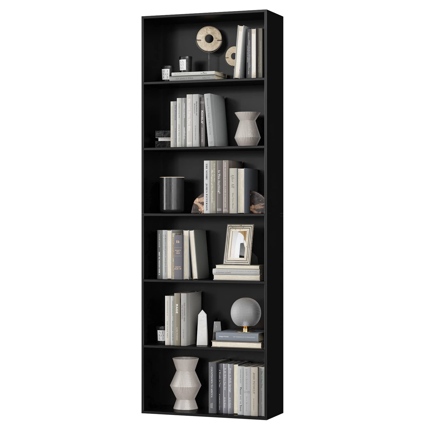 Bookcase 6 Tiers in Black, 60x23.5x180cm, Tall Bookshelf Display Shelf, Freestanding Wooden Storage Unit for Living Room, Bedroom, Office, Modern Vertical Shelf