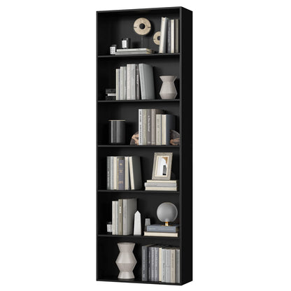 Bookcase 6 Tiers in Black, 60x23.5x180cm, Tall Bookshelf Display Shelf, Freestanding Wooden Storage Unit for Living Room, Bedroom, Office, Modern Vertical Shelf