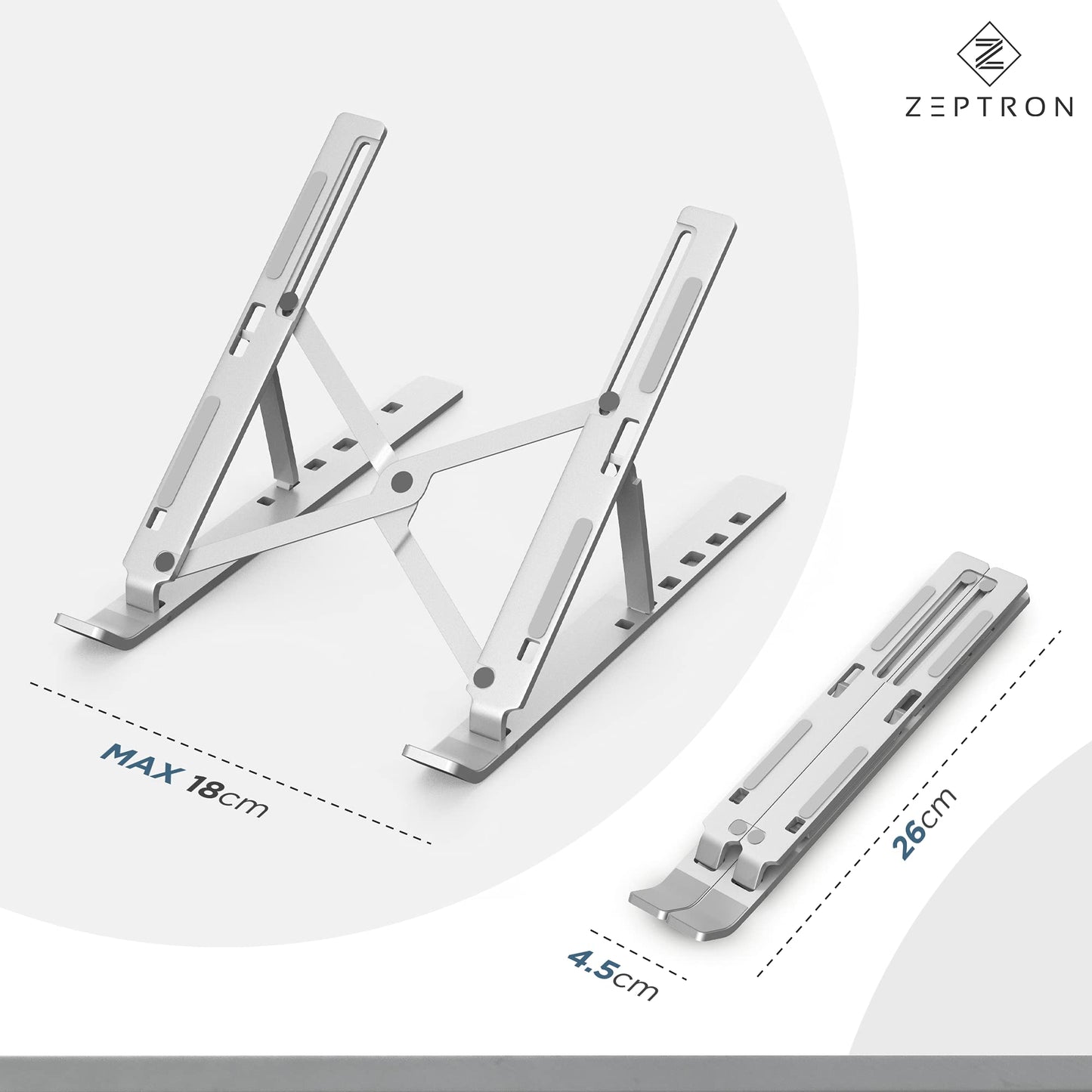 ZEPTRON Kotuday foldable portable aluminium laptop stand | desk stand with 6 level height adjustment | compatible for 11 inch/11.6'' /13.3 inches/14 inch/15 inch/15.6'' laptops notebooks