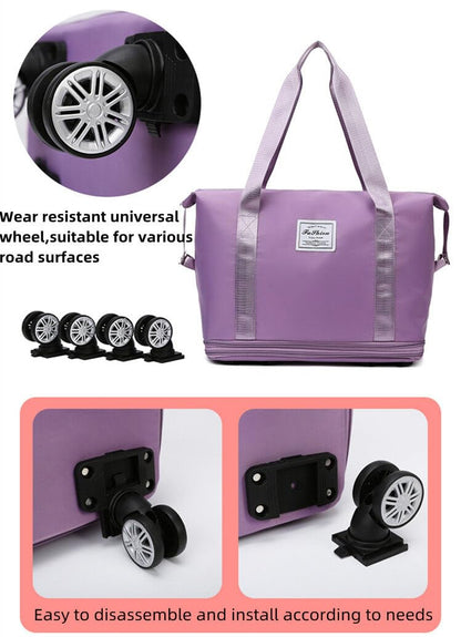 Cartbay Foldable Luggage Bag, Double Layer Expandable Large Capacity Dry and Wet Separation Duffel Bag with Wheels