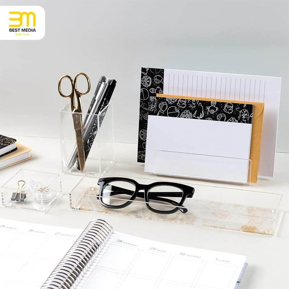 Nesting Acrylic Desk Organizer Set (4 Pieces) with Metallic Gold Accents, Includes Pen Cup, Letter Sorter, and Accessory Trays, Elegant and Modern Organizer for Desk or Vanity