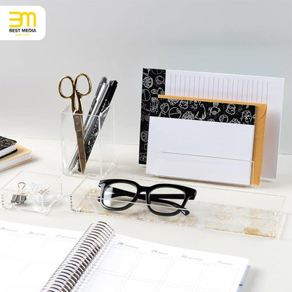 Nesting Acrylic Desk Organizer Set (4 Pieces) with Metallic Gold Accents, Includes Pen Cup, Letter Sorter, and Accessory Trays, Elegant and Modern Organizer for Desk or Vanity