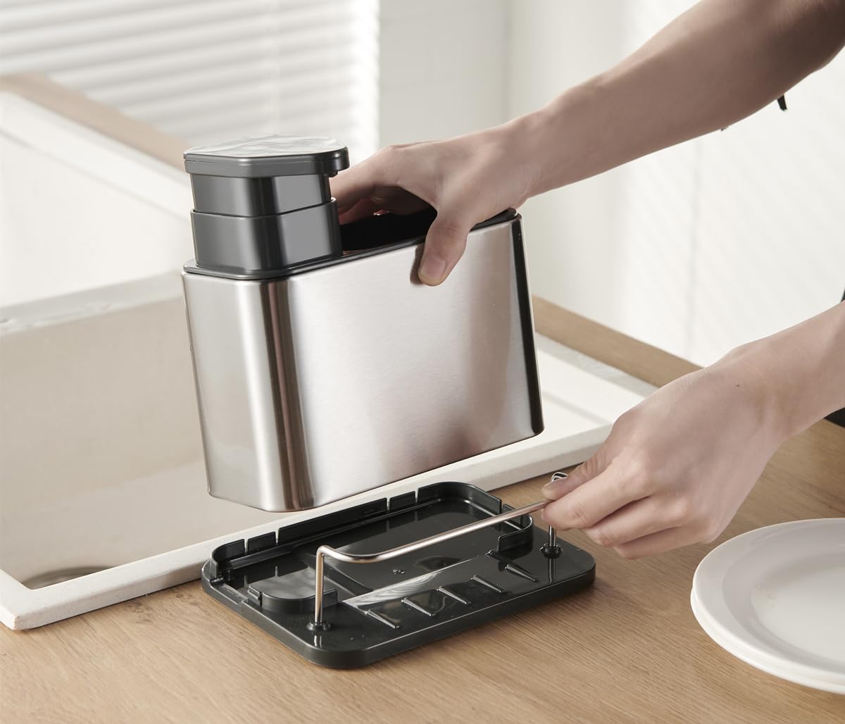 Stainless Steel Kitchen Sink Caddy with Sponge Holder and Dish Soap Pump Dispenser, 2-in-1 Countertop Organizer for Convenient Dishwashing, Modern Kitchen Soap and Sponge Caddy