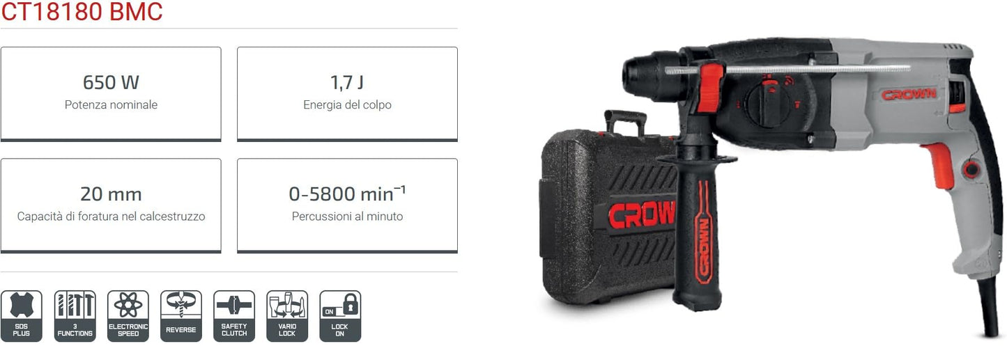 Crown CT18180 SDS-Plus 650W Electric Rotary Hammer Drill