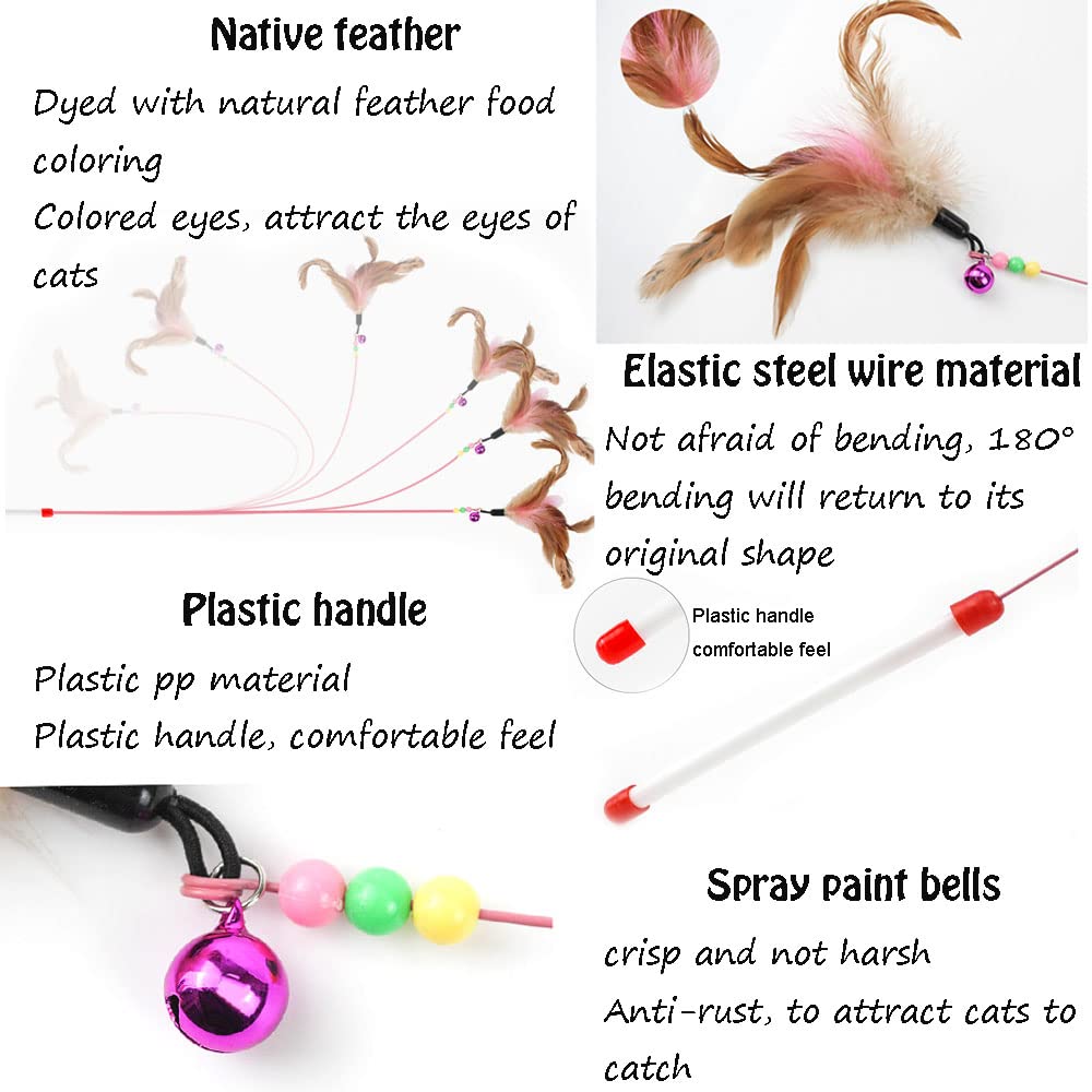 AWAVM 5-Piece Cat Teaser Wand Set - Interactive Feather Wand Toys with Bell for Cats (Small Breeds)