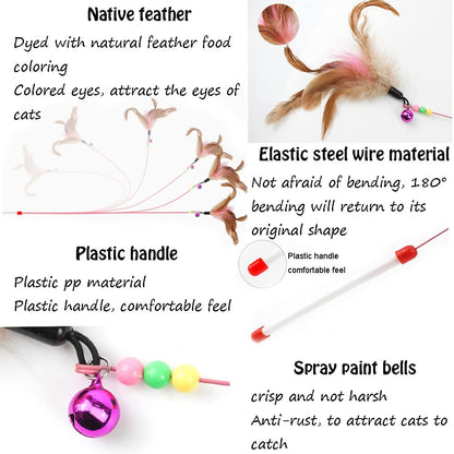AWAVM 5-Piece Cat Teaser Wand Set - Interactive Feather Wand Toys with Bell for Cats (Small Breeds)
