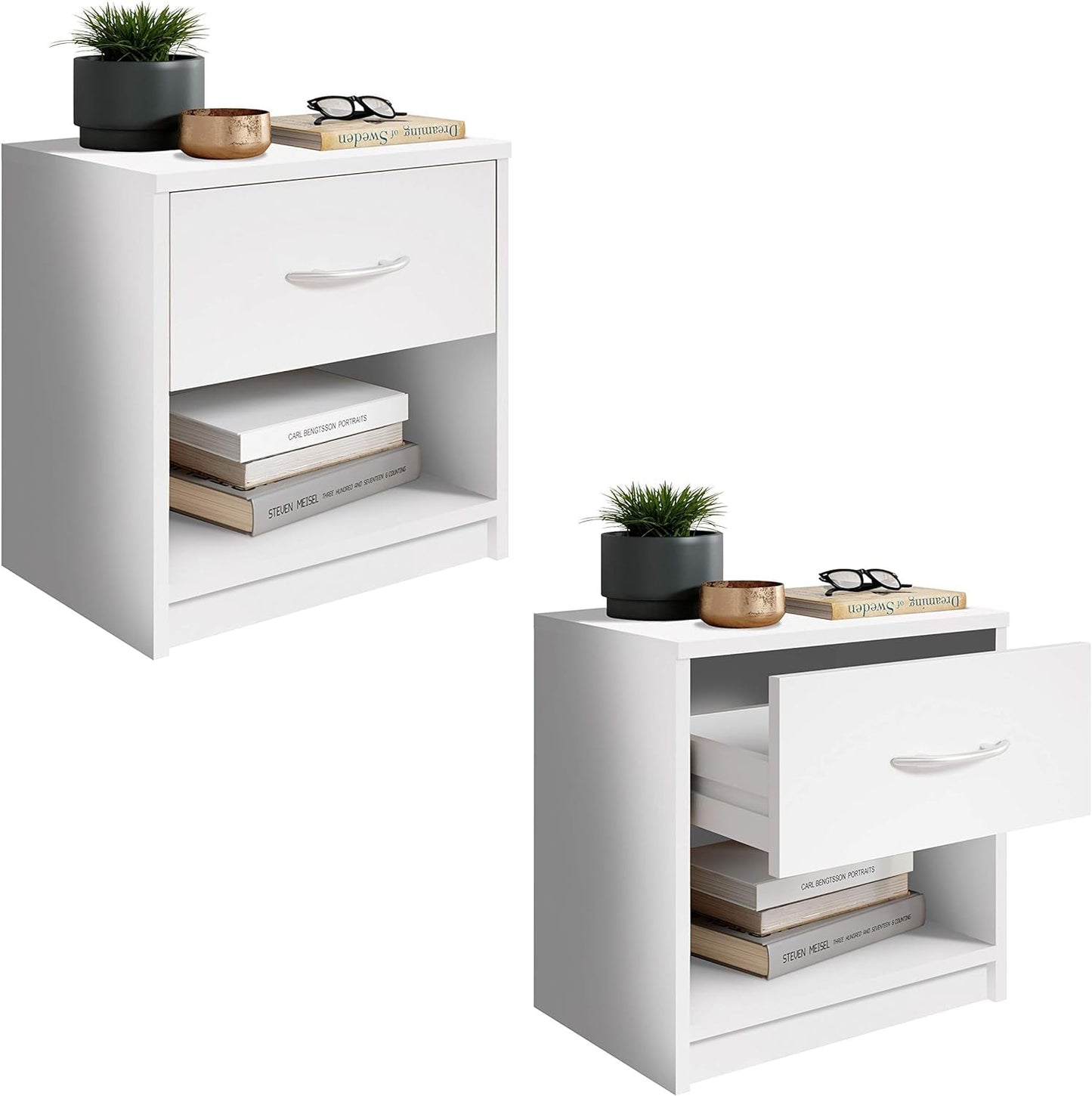 Wooden Side Table with 1 Drawer, Simple Cabinet Design Suitable for Any Bed and Bedroom in a Clean White Finish, Compact Nightstand Measuring W39 x D28 x H41 cm