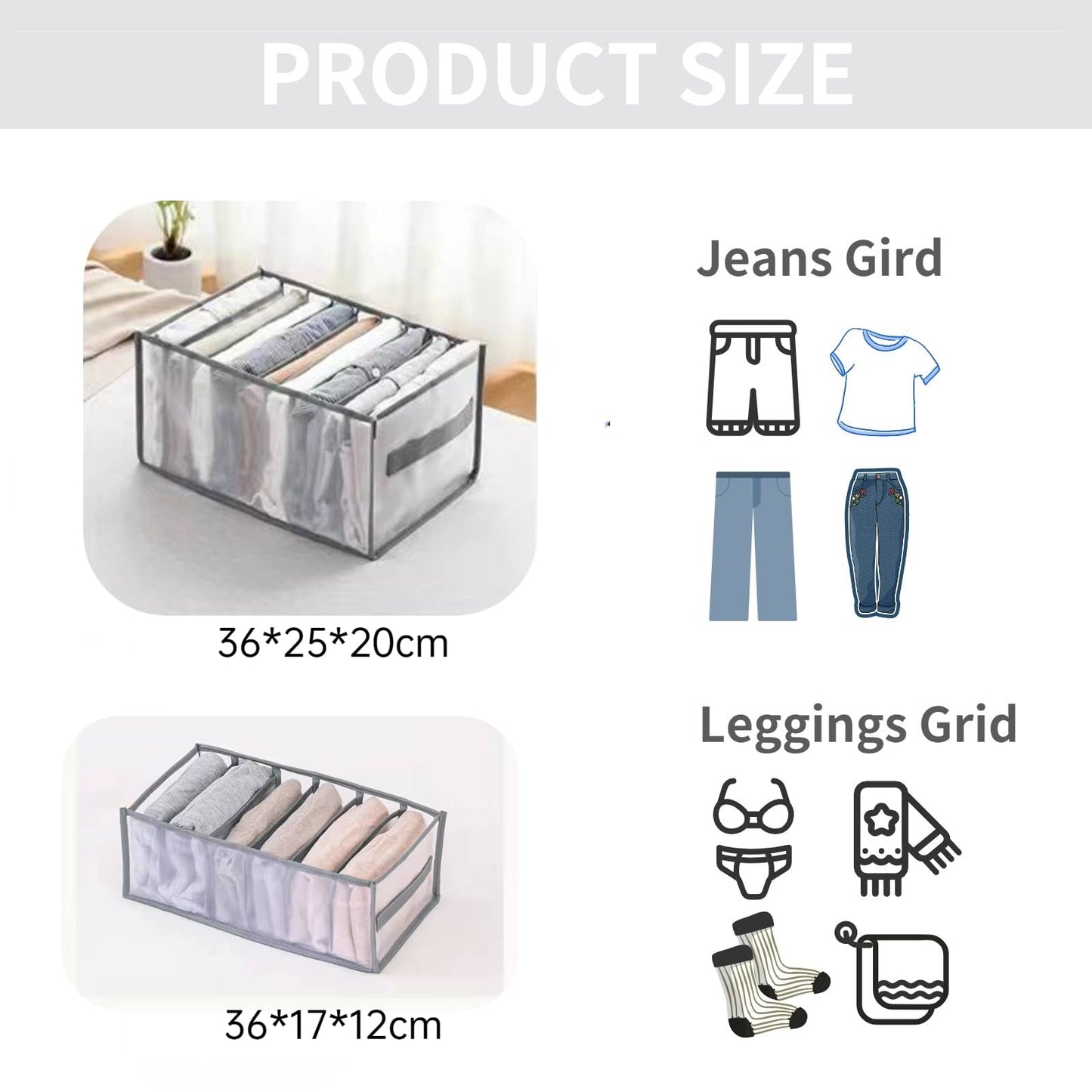 Wardrobe Clothes Organizer with Compartments, Foldable Storage Bins for Jeans, T-Shirts and More, Grey, 25 x 20 x 36 cm, 2 Packs
