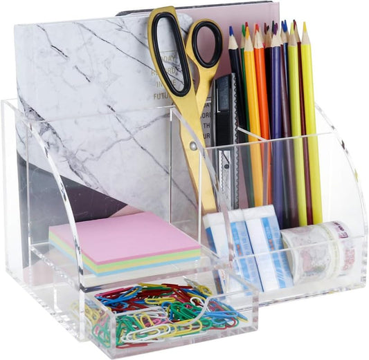 All-in-One Clear Acrylic Office Desk Organizer with Drawer, Multifunctional Makeup Holder and Stationery Caddy with Multiple Compartments for Home and School Supplies