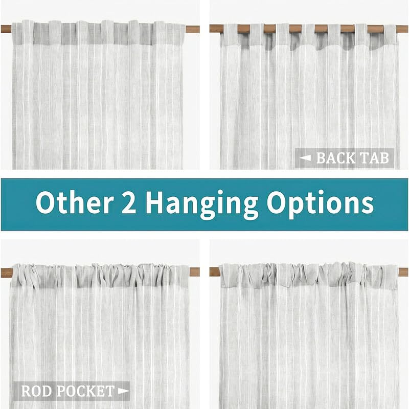 INtex CURTAINS HOUSE Linen Curtains for Living Room, Semi-Sheer Light-Filtering Drapes with White Stripes, Natural Fabric, 2 Hanging Options, 1 Piece - Off-White - 200W x 230L CM