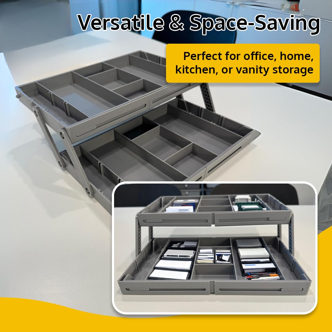 ThriveHive Multi Level Smart Drawer Organizer with 2 Tier Collapsible Foldable Trays, Multi-level Design for Efficient Storage, Multi Level Drawer Organizer Solution - Gray