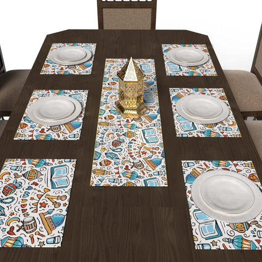 طقم طاولة طعام أوروس مكون من 7 قطع، مع 6 مفارش طعام قماشية متعددة الألوان (45 × 30 سم) و1 مفرش (35 × 140 سم)، يتميز بتصميم إسلامي فني فريد من نوعه لعرض طعام نابض بالحياة.