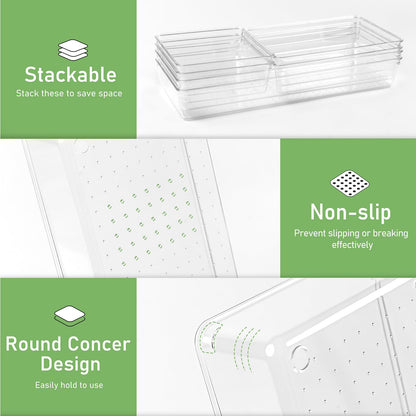 DUHARS 4PCS Clear Plastic Drawer Organizer Tray, 12'' Large Acrylic Vanity Bathroom Drawer Organizers Trays, Desk Drawer Organizer Bins for Cosmetics, Makeup, Kitchen, Office, Junk Drawer Organization