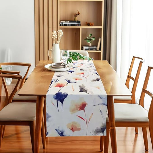 Table Runner, Sou Floral Pattern, Premium Linen Velvet Fabric, Straight End Design, Off-White x Navy Blue x Blush, Wrinkle-Resistant, 1 Pc Table Décor for Living and Dining Room