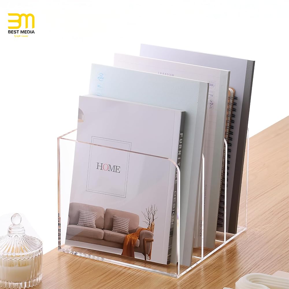 Clear Acrylic Magazine File Holder, 3-Section Vertical Desk Organizer for Office and Home Storage, Transparent Stand for Files, Folders, and Mail, Sturdy and Modern Desktop Accessory