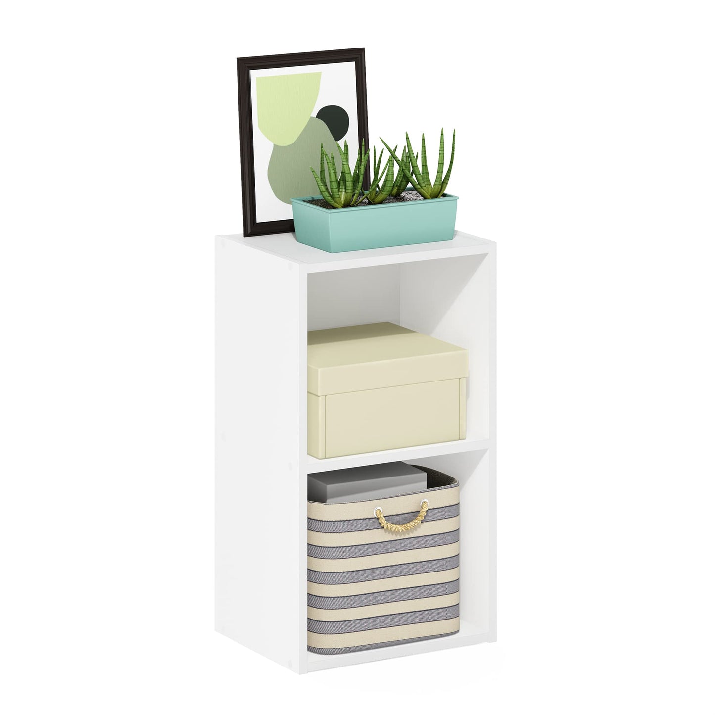 2-Tier Cube Bookcase, Small Storage and Book Organizer, Compact Two-Cube Shelf in White Finish, Perfect for Desktop or Floor Use in any Room or Office Setting