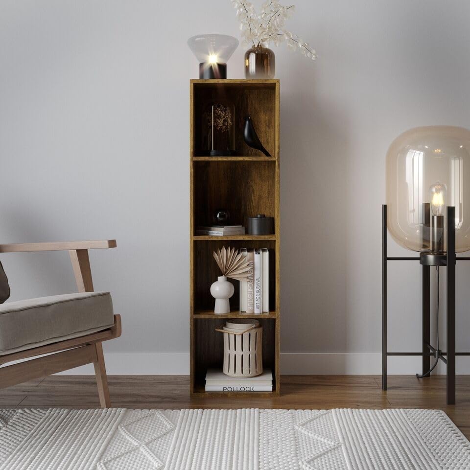 4 Shelf Wooden Bookcase, Tall Shelving Display and Storage Unit, Modern Bookshelf in Rustic Brown for Living Room or Office, Sturdy Freestanding Wood Shelves