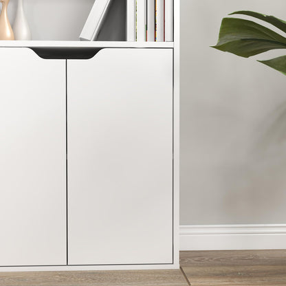 6 Tier Bookcase with 2 Doors in White, Wooden Cube Shelves, Tall Bookshelf Storage Cupboard, Soild Wood Organizer Display Free Standing Unit for Living Room