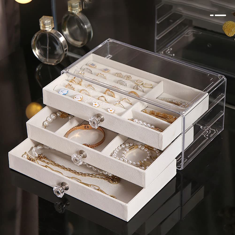 Zgwafdww Acrylic Jewelry Organizer, Earring Rings Necklaces Bracelets Display Case, Organizer Box Clear Jewelry Case, with 3 Drawers Adjustable Jewelry Box, Velvet Trays design