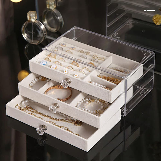 Zgwafdww Acrylic Jewelry Organizer, Earring Rings Necklaces Bracelets Display Case, Organizer Box Clear Jewelry Case, with 3 Drawers Adjustable Jewelry Box, Velvet Trays design