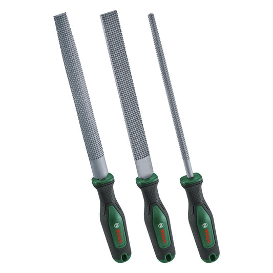 Bosch Rasp Set 3-Piece (Robust Wood Rasp Set incl. Flat/Round/Half-Round Rasps; Hard Carbon Steel; Shaft Length 200mm; Medium Stroke 2; Ergonomic Softgrip)