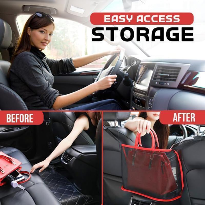 Car Net Handbag Holder Bag Personal Belongings Between Seats Car Interior Storage Pocket Mesh Net Car Interior Organizer Between Seats Easy to Install Washable (Red)