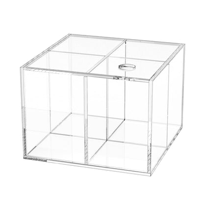 Square Clear Acrylic Storage Box with Lid and 4 Compartments, Decorative and Functional Desk Organizer for Cotton Swabs, Jewelry, and Small Accessories, Stackable Container