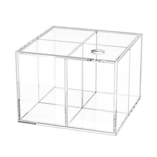 Square Clear Acrylic Storage Box with Lid and 4 Compartments, Decorative and Functional Desk Organizer for Cotton Swabs, Jewelry, and Small Accessories, Stackable Container