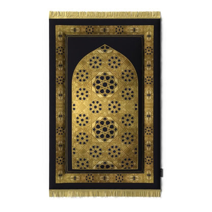 Exquisite Velvet Padded Prayer Rug in Gold and Black, 68x117 cm, a beautifully designed soft mat with thick padding for a comfortable and luxurious prayer experience every day