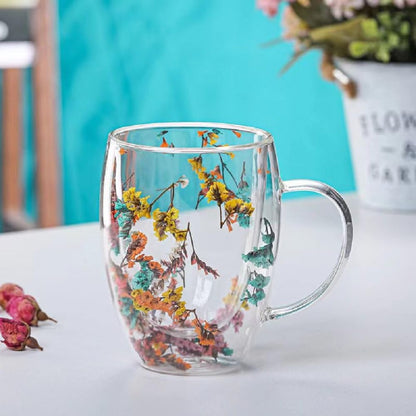 Four Tiger Flower Glass Double Wall Glass 10oz Coffee Cups with Handle Tea Cups Beverage Glasses Tea Mug Milk Mug a riot of colour Novelty Aesthetic Heat Resistant (Flourish Flower)