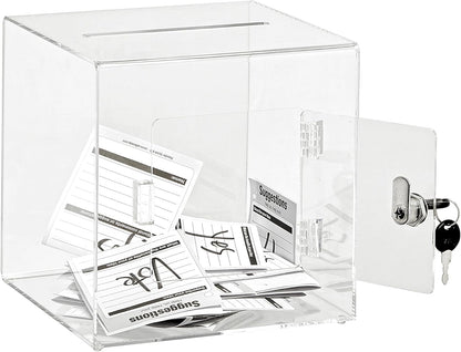 Clear Acrylic Donation and Suggestion Box with Lock and Rear Door, 20 x 20 cm, Slot for Voting, Charity Fundraising, Tips and Feedback Collection