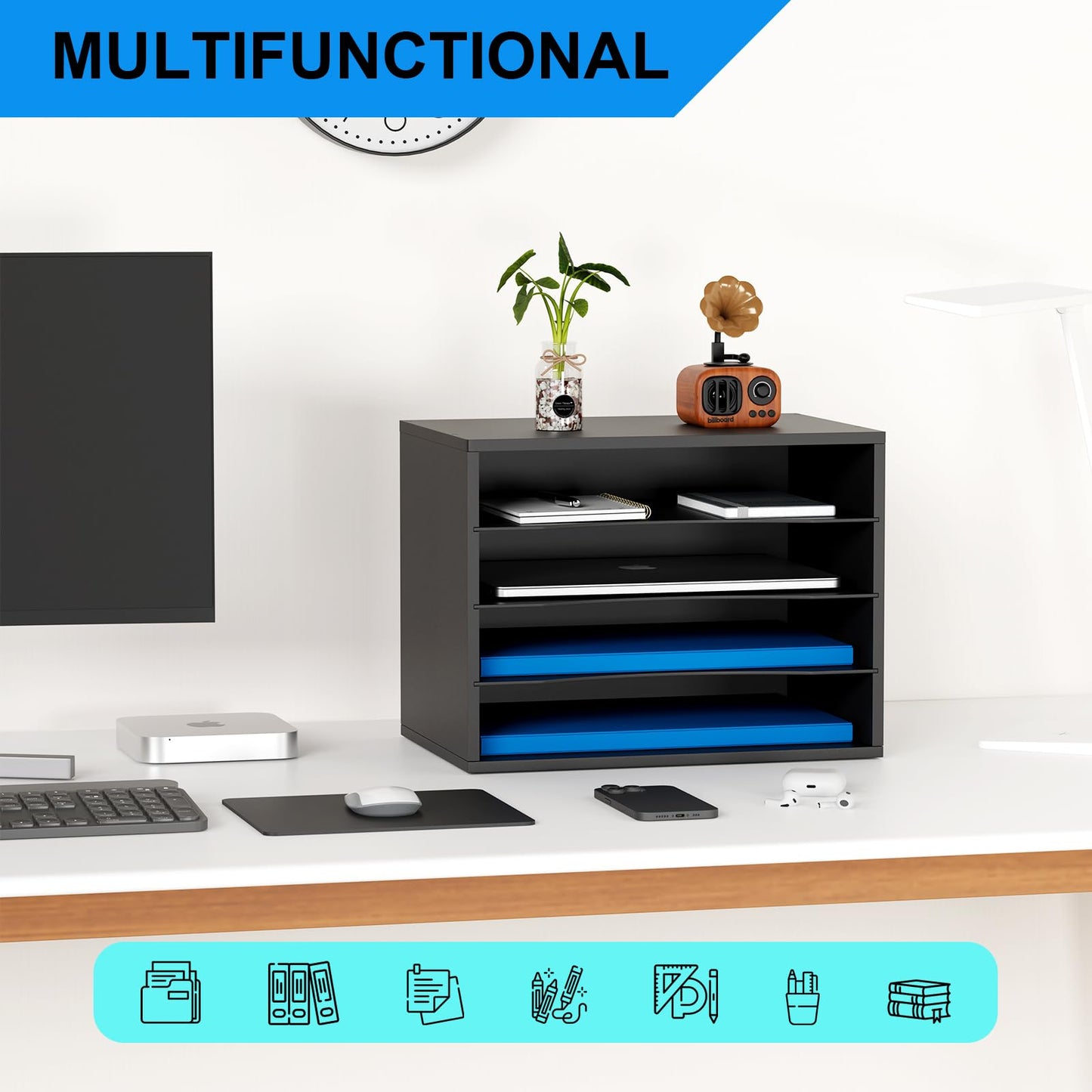 Wood Desktop Letter Tray and File Organizer, Paper Storage and MaiLSorter with 3 Adjustable Drawer Boards for Home and Office Use, Sturdy Construction in Black