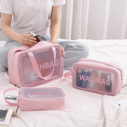 Unaone 3 Pieces Toiletry Bag for Women and Men, Matte Translucent Makeup Cosmetic Bag with Handy Handle, Water - Resistant Travel Organizer for Accessories (Pink)