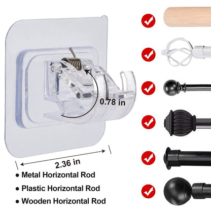 No Drill Curtain Rod Brackets 4 Pcs Curtain Rod Holder Self-Adhesive Curtain Rod Mount Adjustable Curtain Rod Hooks Nail Free Curtain Hangers for Bathroom, Bedroom, Hotel, Clear