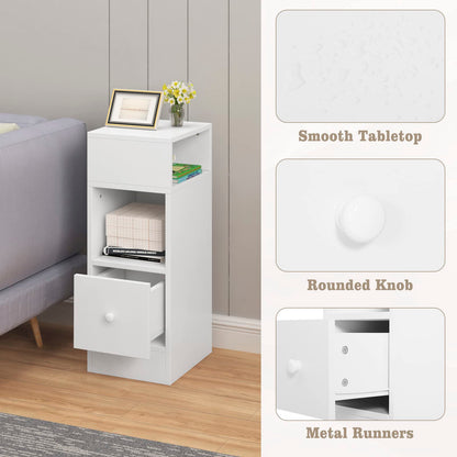 White Bedside Table, H 25 x W30 x W66 cm, TalLNightstand with 1 Drawer and 2 Open Compartments, Slim End Table for SmalLBedroom, NarroWStorage Unit