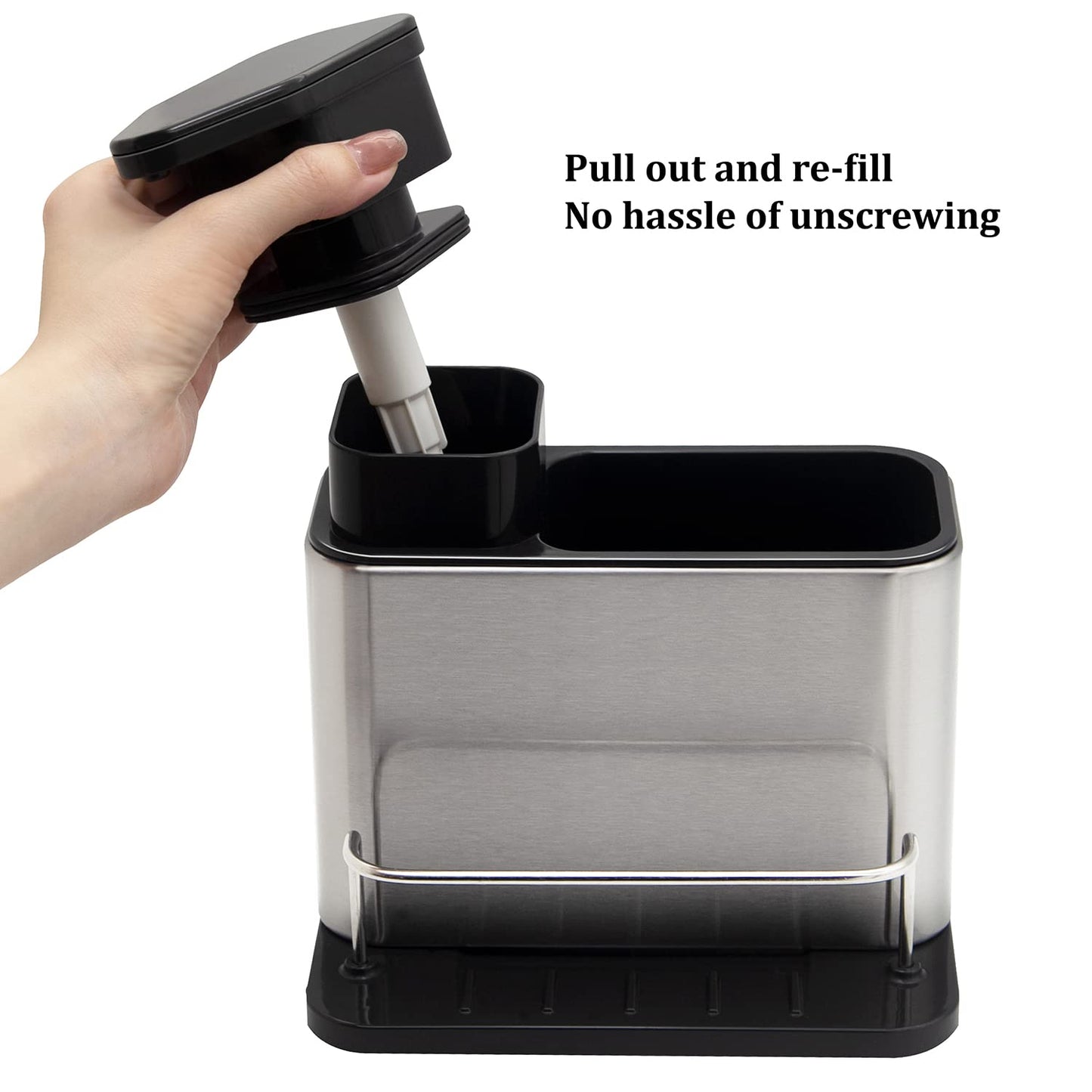 Stainless Steel Kitchen Sink Organizer Caddy, 3-in-1 Bathroom Soap Dispenser with Sponge Holder and Brush Compartment, Countertop Solution for Tidy Sinks, Modern & Durable Design