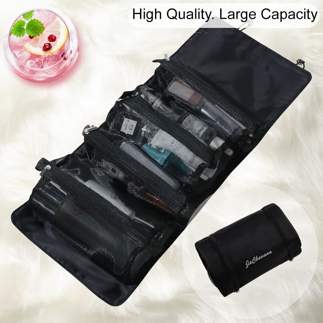 M MUNCASO Hanging Roll-Up Makeup Bag, 4-in-1 Foldable Toiletry Bag for Travel, Removable Storage Bags, Travel Cosmetic Organizer Bag for Women/Men, Black-2
