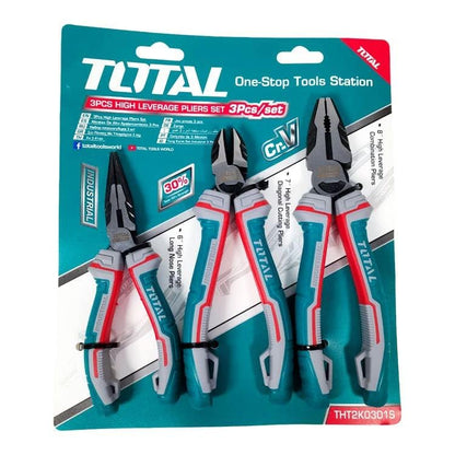 T 0TAL (THT2K0301S) - 3 pc High Leverage Plier set, 8" Combination Pliers/7" Diagonal Cutting Pliers/6"Long Nose Pliers, Heavy Duty Pliers Set -