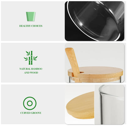 10.2 oz Condiments Container Seasoning Jars, Clear Glass Condiment Pot Set with Lids and Spoons, Tea Coffee Sugar Canisters Glass Spice Box, Refillable Seasoning Pot Bowl for Kitchen, Counter