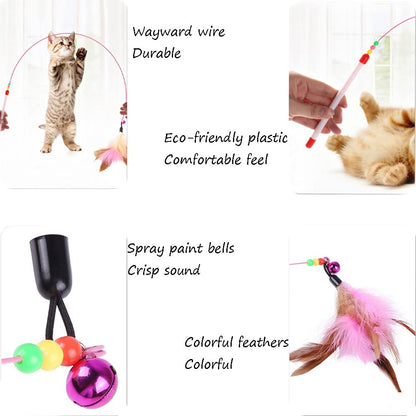 AWAVM 5-Piece Cat Teaser Wand Set - Interactive Feather Wand Toys with Bell for Cats (Small Breeds)