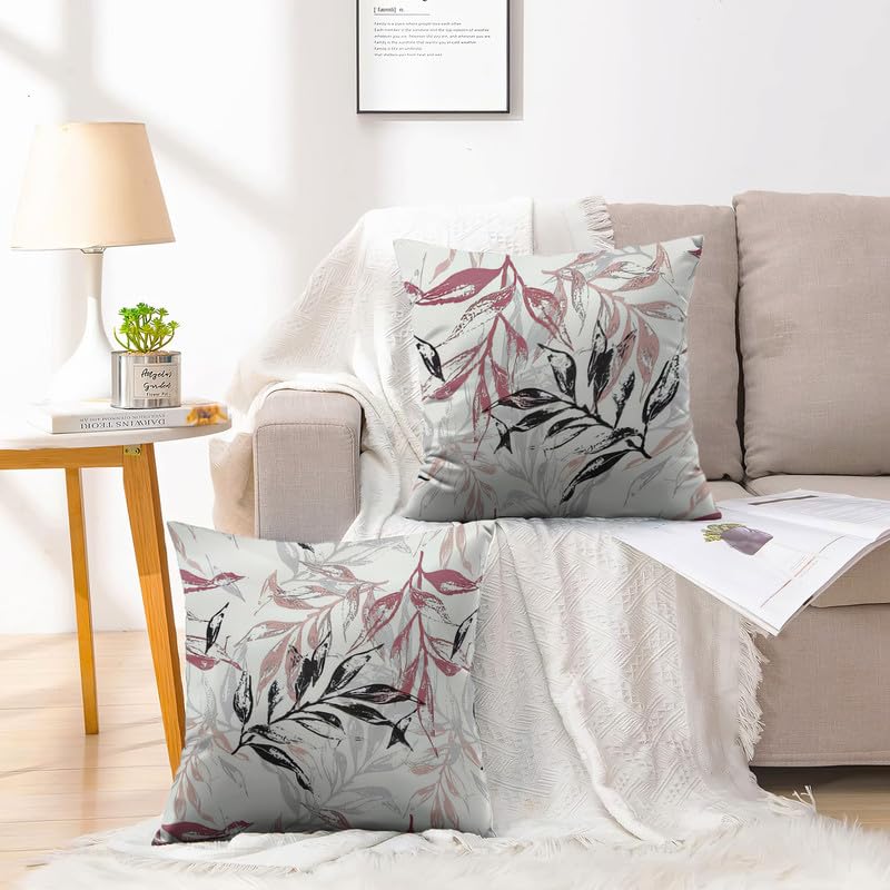 INtex CURTAINS HOUSE Printed Linen Velvet Cushion Covers, Throw Pillow Covers, Leaves Pattern Decorative Pillow Covers, Set of 2 Pieces Cafe x Brown 30W x 30L CM