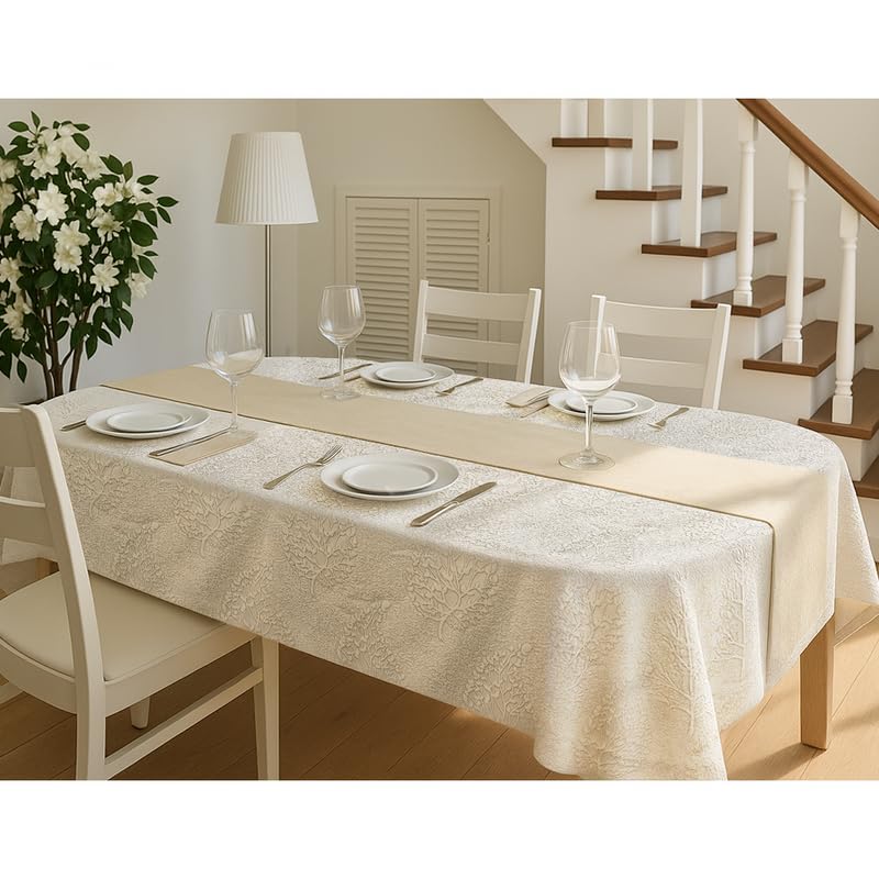 INtex Home Linen Rectangle Tablecloth, DAS Printed Design for Reception Living Room and Kitchen Tables, Elegant Dining and Daily Home Décor Use, 1 Pc - 200 x 250 cm - Off White