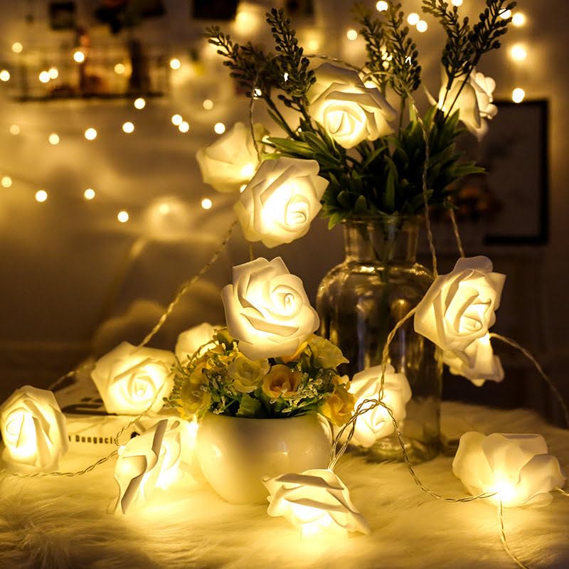 Rose Branch (20 LED Bulbs) Battery - 3 Meters - Warm Warm Rose - White Rose - Suitable for Decoration, Party, Home Decor