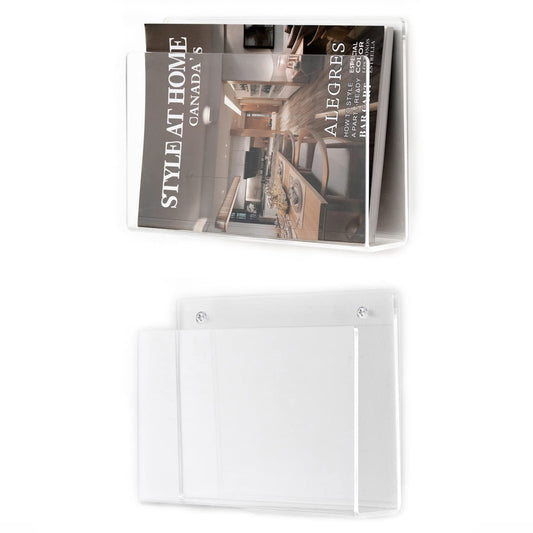 2 Pack Wall Mount Magazine Holder, Clear Acrylic Vertical File Rack and Organizer, Modern Wall-Mounted Bookshelf for Office, Waiting Room, Living Room, and Home Display