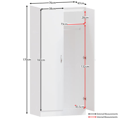 Riano 2-Door Wardrobe with Internal Shelf and Hanging Rail, Wooden MDF Bedroom Storage Furniture and Clothing Armoire in a Clean and Classic White Finish for Any Room