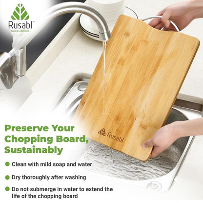 Rusabl Bamboo Wooden Chopping Board with Metal Handle, Multipurpose Cutting Board for Vegetables, Fruits & Cheese, for Kitchen Use, BPA Free, Eco-Friendly, Anti-Microbial (S, 30 x 20 cms)