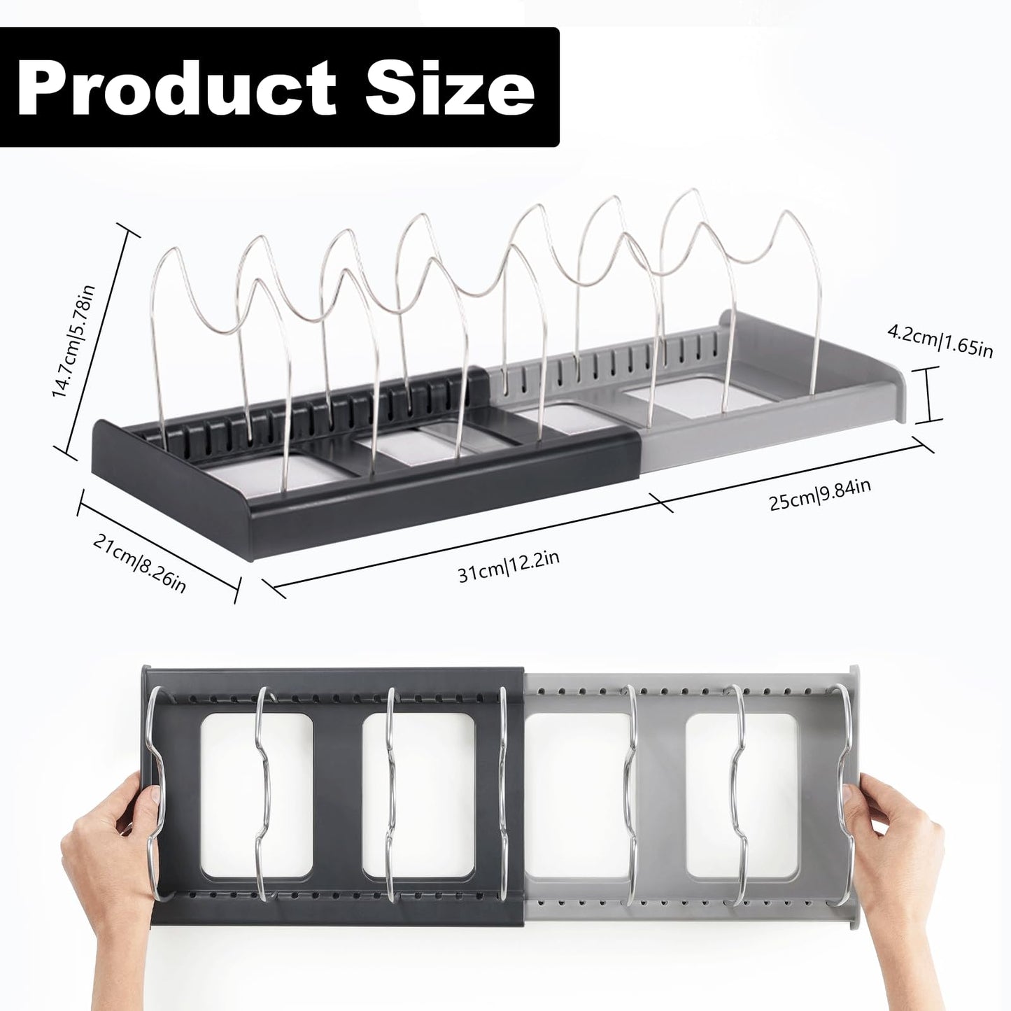 ZITUZY Expandable Organizer for 6 Lids or Pans, Pot Lid Holder, Kitchen Storage, Dish Holder for Drawer, Pot Rack, Dish Rack, Pot Holder Drawer